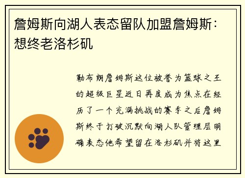詹姆斯向湖人表态留队加盟詹姆斯：想终老洛杉矶