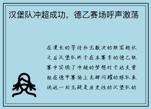 汉堡队冲超成功，德乙赛场呼声激荡