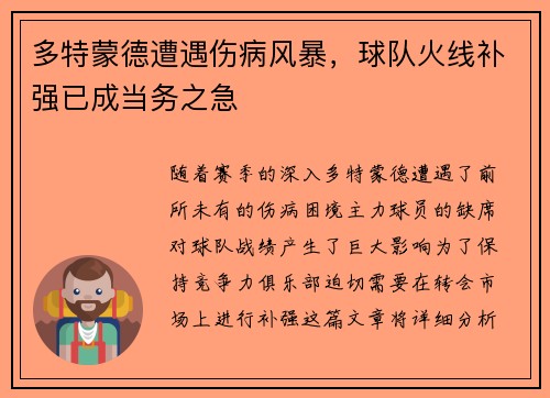 多特蒙德遭遇伤病风暴，球队火线补强已成当务之急