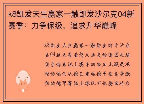 k8凯发天生赢家一触即发沙尔克04新赛季：力争保级，追求升华巅峰