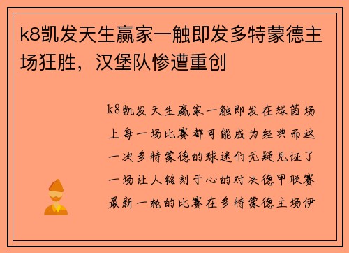 k8凯发天生赢家一触即发多特蒙德主场狂胜，汉堡队惨遭重创